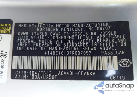 2007 Toyota Camry Le z USA, uszkodzony, nr VIN 4T4BE46K97R007057